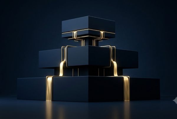 Structure à trois étages en bleu nuit reliée par des canaux dorés, illustrant la circulation du capital dans un club deal à l'étranger