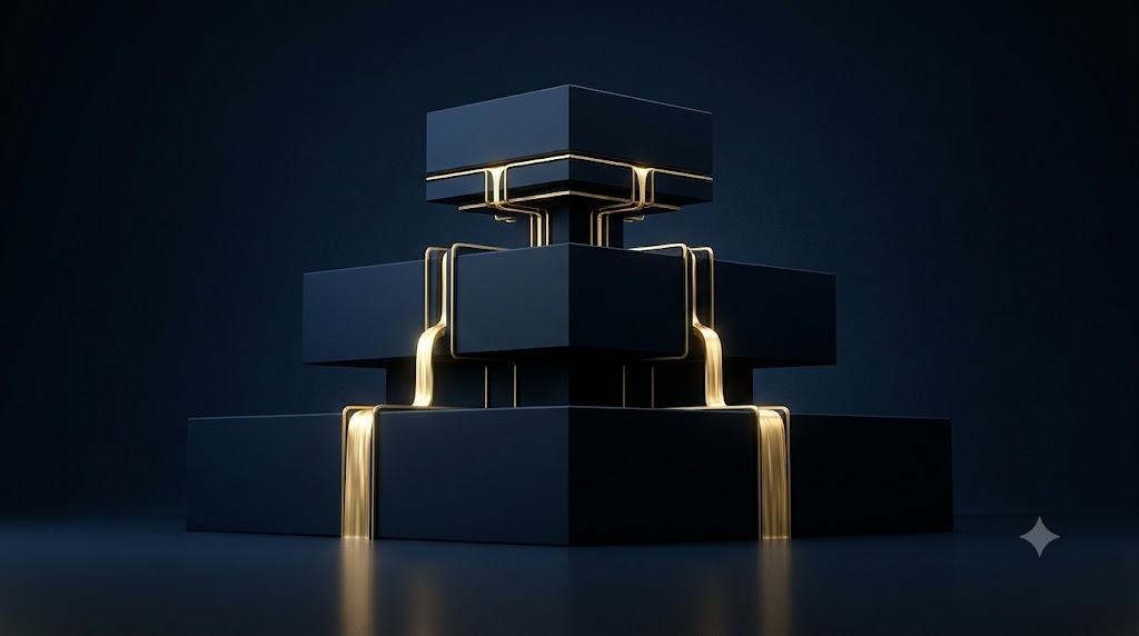 Structure à trois étages en bleu nuit reliée par des canaux dorés, illustrant la circulation du capital dans un club deal à l'étranger