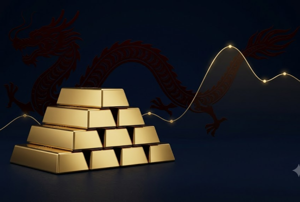 Lingots d'or empilés devant une courbe de cours et un dragon chinois, illustration or et dédollarisation