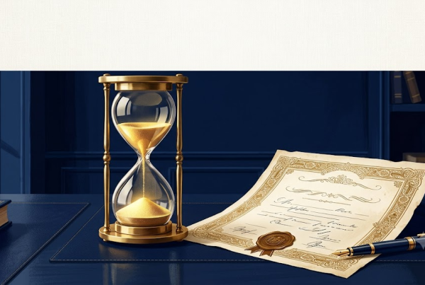 Sablier doré et certificat d'actions sur un bureau bleu nuit, illustration de la date limite de conversion d'un BSA-AIR