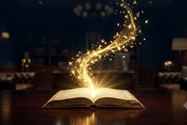 Livre ancien ouvert d'où s'élève une courbe dorée ascendante, illustration de l'equity story d'une startup