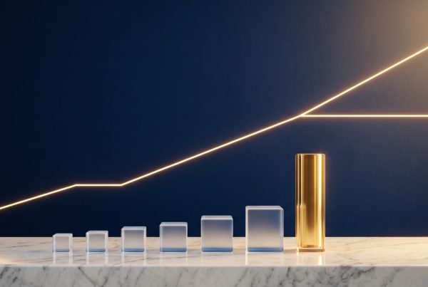 Illustration : des cubes de verre de plus en plus hauts et une colonne dorée sur un comptoir de marbre, sous une ligne lumineuse qui se sépare en deux, l'une plafonne, l'autre continue de monter