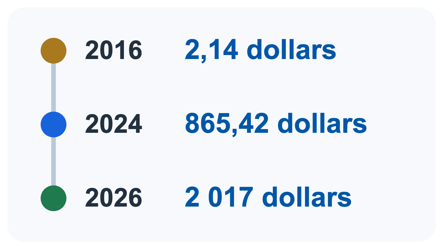 Une frise verticale indique 2,14 dollars par action en 2016, 865,42 dollars fin 2024 et 2 017 dollars en juillet 2026.