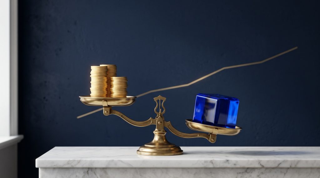 Une balance en laiton : une pile de pièces d'or sur un plateau, un cube de verre bleu plus lourd sur l'autre, devant un mur bleu nuit traversé d'une ligne dorée qui monte.